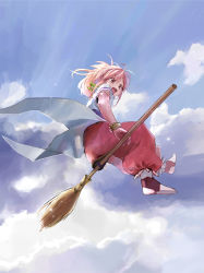 Rule 34 | 1girl, :d, absurdres, arche klein, ass, blue sky, bracelet, broom, broom riding, cloud, cloudy sky, elbow gloves, flying, gloves, highres, ishiyuki, jewelry, open mouth, pants, pink eyes, pink hair, pink pants, ponytail, sky, smile, solo, tales of (series), tales of phantasia