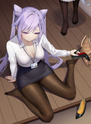 Rule 34 | 2girls, absurdres, bag, black footwear, black skirt, bra, bra visible through clothes, braid, breasts, brown legwear, collared shirt, commentary request, contemporary, dress shirt, from above, full body, genshin impact, high heels, highres, id card, keqing (genshin impact), lanyard, long hair, looking away, looking to the side, louboutins, medium breasts, multiple girls, nail polish, office lady, panties, panties under pantyhose, panty peek, pantyhose, parted lips, partially unbuttoned, patent heels, pencil skirt, pink eyes, pumps, purple hair, see-through, shirt, shoes, unworn shoes, sideways glance, single braid, sitting, skirt, solo focus, stiletto heels, terebi (shimizu1996), twintails, underwear, very long hair, wariza, white shirt, wooden floor