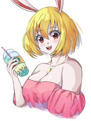 Rule 34 | 1girl, bare shoulders, blonde hair, breasts, bubble tea, carrot (one piece), cleavage, drinking straw, highres, jewelry, klopsiak, medium breasts, necklace, one piece, open mouth, rabbit ears, rabbit girl, red eyes, shirt, short hair, smile, solo, starbucks, strapless, strapless shirt, upper body