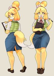 Rule 34 | 1girl, animal crossing, animal ears, animal nose, arm at side, artist name, bell, blonde hair, blue skirt, blush, body fur, breasts, bright pupils, brown footwear, clipboard, closed mouth, clothing cutout, collared shirt, dog ears, dog girl, dog tail, female focus, from behind, full body, fullpillow, furry, furry female, green vest, grey background, hair bell, hair ornament, hair tie, hand up, hands up, happy, heel up, highres, holding, holding clipboard, holding pen, isabelle (animal crossing), jingle bell, kneepits, large breasts, legs, legs together, looking at viewer, looking back, miniskirt, multiple views, neck ribbon, nintendo, open mouth, outline, pen, pencil skirt, plaid, plaid vest, red ribbon, ribbon, shirt, shirt tucked in, shoes, short hair, short sleeves, signature, simple background, skirt, smile, standing, straight-on, tail, tail through clothes, teeth, topknot, two-tone fur, vest, white fur, white outline, white pupils, white shirt, wide hips, yellow eyes, yellow fur