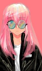 Rule 34 | 1girl, aged up, black jacket, bocchi the rock!, closed mouth, commentary, expressionless, facing viewer, gotoh hitori, green-tinted eyewear, high collar, jacket, long hair, maya (m1a1y2a), open clothes, open jacket, pink background, pink hair, round eyewear, shirt, simple background, solo, sunglasses, tinted eyewear, upper body, white shirt