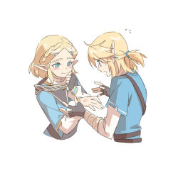 Rule 34 | 1boy, 1girl, absurdres, black gloves, blonde hair, blue shirt, blush, braid, cat (pixiv5891854), closed mouth, commentary request, cropped torso, crown braid, ear piercing, fingerless gloves, flying sweatdrops, gloves, hair ornament, hairclip, highres, injury, link, nintendo, open mouth, piercing, pointy ears, princess zelda, shirt, short hair, short ponytail, short sleeves, simple background, sweatdrop, the legend of zelda, the legend of zelda: tears of the kingdom, white background
