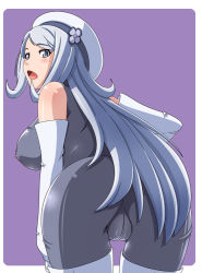 Rule 34 | 10s, 1girl, aila jyrkiainen, ass, bare shoulders, blue eyes, blue hair, blush, bodystocking, bodysuit, boots, breasts, cameltoe, covered erect nipples, elbow gloves, fat mons, female focus, from behind, gloves, gundam, gundam build fighters, hat, higashiyama (higashiyama honpo l.t.d), large breasts, leaning, leaning forward, long hair, looking at viewer, looking back, matching hair/eyes, open mouth, shiny clothes, shiny skin, sideboob, skin tight, solo, spandex, thigh boots, thighhighs, very long hair, white footwear, white gloves
