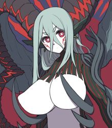 Rule 34 | 1girl, absurdres, black horns, bright pupils, closed mouth, covered erect nipples, eyelashes, facial mark, fate/grand order, fate (series), flat color, green hair, hair between eyes, highres, horns, light green hair, long eyelashes, red background, red eyes, simple background, solo, tiamat (fate), upper body, white pupils, yutorin kakka