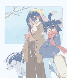 Rule 34 | 1boy, 1girl, bag, black hair, blue jacket, blue pants, branch, brother and sister, brown coat, brown pants, carmine (pokemon), closed eyes, coat, creatures (company), crossed bangs, game freak, garatechi, gen 3 pokemon, hair between eyes, hairband, hands in pockets, highres, holding, holding bag, jacket, kieran (pokemon), linoone, mightyena, multicolored hair, nintendo, pants, pokemon, pokemon (creature), pokemon sv, red hair, red scarf, scarf, siblings, snow, two-tone hair, winter clothes, yellow hairband
