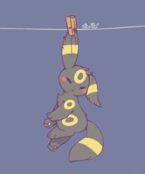 Rule 34 | :&lt;, blush, clothes pin, clothesline, creatures (company), dark background, from side, full body, game freak, gen 2 pokemon, hanging, looking at viewer, lovewolf5122, nintendo, no humans, pokemon, pokemon (creature), simple background, solo, umbreon