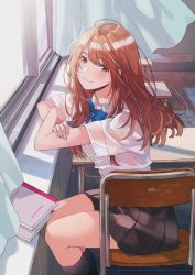 Rule 34 | black skirt, blue neckwear, brown eyes, chair, classroom, crossed arms, desk, fly (marguerite), highres, long hair, looking at viewer, original, red hair, see-through, shirt, sitting, skirt, smile, solo, textbook, textless version, thighs, white shirt, wind, window