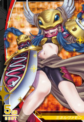 Rule 34 | 1girl, bike shorts, card (medium), digimon, digimon (creature), digimon jintrix, female focus, lowres, minervamon, official art, olympos xii, solo, sword, tagme, weapon