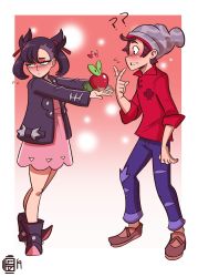 Rule 34 | 1boy, 1girl, ?, absurdres, applin, beanie, black footwear, black hair, black jacket, brown footwear, brown hair, confused, creatures (company), denim, dress, embarrassed, game freak, gen 8 pokemon, giving, gradient background, hat, heart, highres, jacket, jeans, marnie (pokemon), nintendo, pants, pink dress, pointy footwear, pokemon, pokemon (creature), pokemon swsh, red background, red ribbon, red shirt, ribbon, scruffyturtles, shaved head, shirt, shoes, short hair, shy, signature, sleeves rolled up, sparkle background, torn clothes, torn jeans, torn pants, twintails, victor (pokemon)