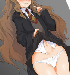 Rule 34 | 1girl, absurdres, black robe, black skirt, blush, bow, bow panties, brown hair, clenched teeth, clothes lift, embarrassed, female focus, grey background, grey sweater, harry potter (series), head out of frame, hermione granger, highres, legs together, lifted by self, long hair, long sleeves, momio, navel, necktie, nervous, panties, petite, red bow, red necktie, robe, school uniform, shirt, simple background, skirt, skirt lift, solo, standing, striped necktie, sweater, teeth, thighs, two-tone necktie, underwear, white panties, white shirt, wizarding world, yellow necktie