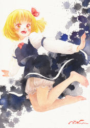 Rule 34 | 1girl, barefoot, black skirt, blonde hair, bloomers, blouse, blush, bow, feet, female focus, graphite (medium), hair bow, hair ribbon, happy, long sleeves, misawa hiroshi, necktie, open mouth, orange eyes, outstretched arms, painting (medium), red bow, red ribbon, ribbon, rumia, shirt, short hair, skirt, skirt set, smile, solo, texture, toes, touhou, traditional media, underwear, vest, watercolor (medium), white shirt, wing collar