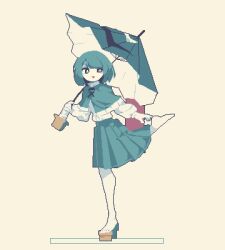 Rule 34 | 1girl, 4qw5, blue capelet, blue eyes, blue hair, blue skirt, blue umbrella, bright pupils, brown footwear, capelet, commentary, english commentary, full body, geta, heterochromia, highres, holding, holding umbrella, long sleeves, looking at viewer, pixel art, pleated skirt, red eyes, shirt, short hair, simple background, skirt, solo, standing, standing on one leg, tatara kogasa, tongue, tongue out, touhou, umbrella, white pupils, white shirt, wild and horned hermit, yellow background