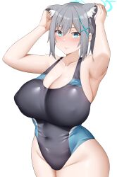 Rule 34 | 1girl, animal ear fluff, animal ears, arind yudha, armpits, arms up, bare shoulders, blue archive, blue eyes, blue one-piece swimsuit, blush, breasts, cleavage, collarbone, covered navel, cross hair ornament, extra ears, grey hair, hair ornament, halo, highleg, highleg swimsuit, highres, large breasts, looking at viewer, medium hair, multicolored clothes, multicolored swimsuit, one-piece swimsuit, shiroko (blue archive), shiroko (swimsuit) (blue archive), short ponytail, sidelocks, simple background, solo, swimsuit, thighs, white background, wolf ears