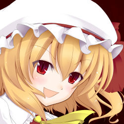 Rule 34 | 1girl, blonde hair, blouse, collared shirt, embodiment of scarlet devil, female focus, flandre scarlet, hair between eyes, hat, kurimuzone, mob cap, open mouth, portrait, red eyes, ribbon, shirt, smile, solo, touhou, white hat, white shirt