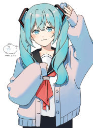 Rule 34 | 1girl, absurdres, artist logo, artist name, black sailor collar, blue eyes, blue hair, blush, cardigan, closed mouth, commentary, grey cardigan, hatsune miku, heart, highres, long hair, long sleeves, looking at viewer, neckerchief, pixel heart, red neckerchief, sailor collar, school uniform, serafuku, shirt, simple background, sleeves past wrists, smile, solo, twintails, upper body, vocaloid, wandu mook, white background, white shirt