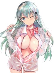 Rule 34 | 1girl, aqua eyes, aqua hair, blush, bow, bowtie, breasts, cowboy shot, eriyama e, hair ornament, hairclip, holding, holding hair, huge breasts, kantai collection, large breasts, long hair, long sleeves, looking at viewer, naked shirt, one eye closed, open mouth, partially unbuttoned, pink bow, pink bowtie, see-through, shirt, sidelocks, simple background, solo, suzuya (kancolle), white background, white shirt