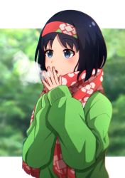 Rule 34 | 1girl, absurdres, black hair, blue eyes, blurry, blurry background, breath, chromatic aberration, creatures (company), day, erika (pokemon), game freak, green sweater, hairband, hands up, highres, kamia oekaki, long sleeves, nintendo, open mouth, outdoors, pokemon, pokemon lgpe, print scarf, red hairband, red scarf, scarf, short hair, solo, steepled fingers, sweater, upper body, winter uniform