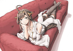 Rule 34 | 10s, 1girl, bare shoulders, boots, breasts, brown hair, cleavage, couch, double bun, hair bun, hair ornament, hairband, headgear, japanese clothes, kantai collection, kongou (kancolle), kongou kai ni (kancolle), long hair, looking at viewer, lying, nontraditional miko, on stomach, skirt, smile, solo, thigh boots, thighhighs, vent arbre, zettai ryouiki