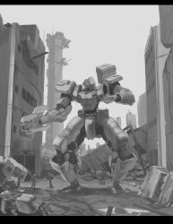 Rule 34 | 3boys, atsajh, greyscale, gun, highres, holding, holding gun, holding weapon, looking to the side, mecha, military, monochrome, multiple boys, one-eyed, open hand, original, robot, solo focus, standing, weapon, wreckage