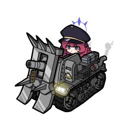 Rule 34 | 1girl, black hat, blue archive, blush stickers, caterpillar tracks, closed mouth, exhaust, exhaust pipe, grey eyes, halo, hat, highres, hrna, iroha (blue archive), long hair, metal slug, military, military hat, military vehicle, motor vehicle, peaked cap, red hair, simple background, solo, t-2b melty honey, tank, wavy hair, white background