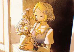 Rule 34 | 1girl, blonde hair, closed eyes, flower, hair ornament, hairpin, highres, holding vase, juliet sleeves, light particles, long sleeves, mouyi, nintendo, parted lips, pointy ears, princess zelda, puffy sleeves, short hair, sidelighting, smile, solo, sunlight, the legend of zelda, the legend of zelda: tears of the kingdom, upper body, white flower, windowsill, yellow theme