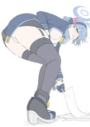Rule 34 | 1girl, ako (blue archive), ass, bell, bent over, black footwear, black thighhighs, blue archive, blue eyes, blue gloves, blue hair, blue jacket, blush, breasts, full body, gloves, half gloves, halo, high heels, highres, jacket, large breasts, long sleeves, looking at viewer, masabodo, neck bell, panties, paper, picking up, sideboob, simple background, solo, standing, thighhighs, underwear, white background, white panties