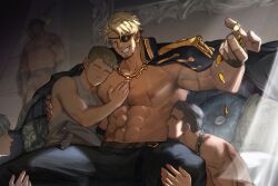 Rule 34 | 5boys, abs, absurdres, bara, belt, black belt, black coat, black pants, blonde hair, chain necklace, coat, coat on shoulders, eyepatch, faceless, faceless male, facial hair, grey hair, highres, jewelry, large pectorals, looking at another, male focus, male harem, multiple boys, muscular, muscular male, navel, necklace, nipples, original, pants, pectorals, peterhl, ring, scar, scar on stomach, short hair, sitting, smile, teeth, yaoi