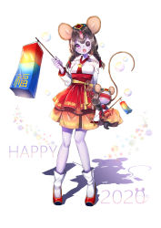 Rule 34 | 1girl, 2020, animal ears, black hair, blindfold, blush, braid, breasts, bubble, button eyes, buttons, colored skin, commentary, english commentary, fang, follower (identity v), full body, hair ribbon, high-waist skirt, holding, identity v, japanese clothes, kimono, layered skirt, long hair, long sleeves, looking at viewer, medium breasts, mouse ears, mouse girl, mouse tail, new year, pleated skirt, purple eyes, purple skin, red footwear, red ribbon, red skirt, ribbon, shadow, shoes, signature, skirt, socks, solo, standing, tail, tail raised, tempy (rinsia), twin braids, whiskers, white background, white kimono, white socks, yidhra