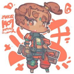 Rule 34 | 1girl, animification, apex legends, aqua shirt, blush, brown eyes, brown gloves, brown hair, chibi, earrings, forehead, gloves, jewelry, jrpencil, jumpsuit, midriff, navel, orange jumpsuit, rampart (apex legends), sheila (minigun), shirt, side ponytail, single glove, solo, thick eyebrows, weapon, weapon on back