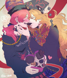 Rule 34 | 2girls, alternate hairstyle, black sweater, blonde hair, blush, box, box of chocolates, breasts, candy, chain, chinese clothes, chocolate, chocolate heart, collarbone, commentary request, earrings, english text, flustered, food, food in mouth, fox print, gold chain, gold trim, hand on another&#039;s face, heart, hecatia lapislazuli, jewelry, junko (touhou), large breasts, long hair, long sleeves, looking at another, medium breasts, multicolored clothes, multicolored skirt, multiple girls, nail polish, off-shoulder sweater, off shoulder, open mouth, phoenix crown, print shirt, raya (uk 0128), red eyes, red hair, red nails, ribbon, shirt, sidelocks, skirt, splatter print, sweatdrop, sweater, tabard, tassel, touhou, twitter username, valentine, yellow ribbon, yuri