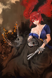 Rule 34 | 1girl, blood, breasts, cleavage, female focus, large breasts, onozuka komachi, red eyes, red hair, saint burn (pixiv), short hair, skeleton, solo, touhou, twintails, two side up