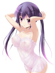 Rule 34 | 1girl, arched back, armpits, arms up, bad id, bad pixiv id, blush, breasts, collarbone, covered erect nipples, cowboy shot, gochuumon wa usagi desu ka?, hair ornament, hairclip, large breasts, long hair, looking at viewer, navel, nightgown, nipples, no bra, no panties, purple eyes, purple hair, riki (archf), see-through, simple background, solo, tedeza rize, thighs, twintails, white background