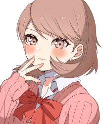 Rule 34 | 1girl, bow, bowtie, brown eyes, brown hair, cardigan, choker, closed mouth, collarbone, collared shirt, earrings, eyelashes, hand up, jewelry, looking at viewer, medium hair, parted bangs, persona, persona 3, pink cardigan, red bow, red bowtie, shadow, shirt, simple background, sleeves past wrists, solo, stud earrings, swept bangs, takeba yukari, upper body, white background, white choker, white shirt, yuyuy 00