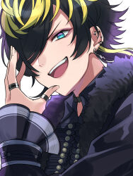 Rule 34 | 1boy, aimono jyushi, black hair, blonde hair, blue eyes, choker, collared shirt, earrings, fur collar, hair over one eye, hand up, highres, hypnosis mic, jewelry, kishinaito, long sleeves, looking at viewer, male focus, multicolored hair, multiple piercings, multiple rings, open mouth, ring, shirt, short hair, smile, solo, upper body, v-shaped eyebrows