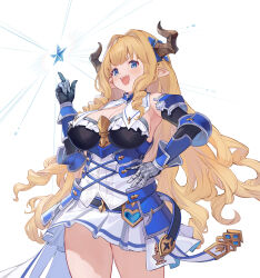 Rule 34 | 1girl, armpits, blonde hair, blue eyes, breasts, commentary request, cowboy shot, draph, gauntlets, granblue fantasy, hair intakes, hand on own hip, hand up, highres, horns, large breasts, long hair, looking ahead, open mouth, pointing, pointing up, pointy ears, razia, solo, star (symbol), teeth, u jie, upper teeth only
