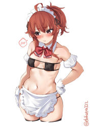 Rule 34 | 1girl, ahoge, alternate hairstyle, apron, arashi (kancolle), bare shoulders, bikini, black bikini, black ribbon, blush, breasts, collarbone, detached collar, ebifurya, eyepatch bikini, facing viewer, frilled apron, frills, gloves, groin, hair between eyes, hair flaps, hand on own hip, highres, kantai collection, looking to the side, maid headdress, navel, one-hour drawing challenge, open mouth, ponytail, red hair, ribbon, sideways glance, simple background, skindentation, small breasts, solo, spoken blush, swimsuit, thighhighs, thighs, twitter username, underboob, waist apron, white apron, white background, white gloves, wide hips