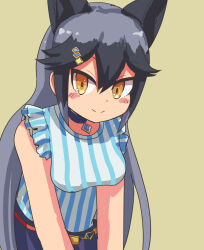Rule 34 | animal ears, blue shirt, blue skirt, blush, casual, extra ears, fox ears, fox girl, frilled sleeves, frills, grey hair, hair between eyes, hane (kirschbaum), highres, jewelry, kemono friends, kemono friends 3, long hair, looking at viewer, multicolored hair, necklace, official alternate costume, orange eyes, shirt, sidelocks, silver fox (kemono friends), skirt, smile, striped clothes, striped shirt, two-tone shirt, white shirt
