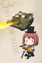 Rule 34 | 4girls, armored personnel carrier, armored vehicle, blonde hair, blue skirt, blunt bangs, bob cut, brown hair, brown jacket, cane, cigar, commentary request, fairy (kancolle), fire, flamethrower, hat, helmet, holding, holding cigar, holding lighter, jacket, kantai collection, life vest, lighter, long sleeves, military, military vehicle, multiple girls, pleated skirt, red hair, ronson flamethrower, short hair, skirt, solid oval eyes, top hat, tsukemon, universal carrier, wasp (universal carrier), weapon