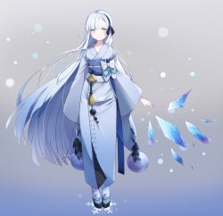 Rule 34 | 1girl, black hairband, blue bow, blue eyes, bonim, bow, full body, grey background, hairband, highres, japanese clothes, kimono, looking at viewer, original, shards, silver hair, solo, standing, twitter username, white bow, wide sleeves, yuki onna