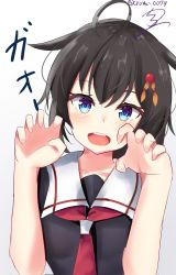 Rule 34 | 1girl, ahoge, black hair, black serafuku, blue eyes, braid, commentary request, curled fingers, hair flaps, hair ornament, hair over shoulder, highres, kantai collection, long hair, looking at viewer, neckerchief, nekoya crow, red neckerchief, school uniform, serafuku, shigure (kancolle), shigure kai ni (kancolle), signature, simple background, single braid, solo, upper body, white background