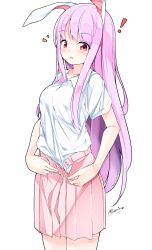 Rule 34 | 1girl, ^^^, animal ears, bad id, bad pixiv id, blush, cowboy shot, highres, light purple hair, long hair, looking at viewer, maremay0513, miniskirt, open mouth, pink skirt, rabbit ears, red eyes, reisen udongein inaba, shirt, short sleeves, signature, simple background, skirt, solo, standing, touhou, unzipped, white background