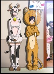 Rule 34 | 1boy, 3girls, absurdres, animal costume, animal ears, animal print, bell, black border, black hair, blush, border, breasts, brown hair, buchou (kakitama), cat costume, choujo (kakitama), cleavage, cleavage cutout, clothing cutout, commentary request, cosplay, cow costume, cow ears, cow horns, cow print, cow tail, cowbell, dog costume, frills, glasses, highres, holding, holding sign, horns, kakitama, kigurumi, large breasts, mole, mole under eye, multiple girls, navel, opaque glasses, original, partial commentary, puffy shorts, shiny skin, shorts, sign, standing, stomach cutout, tail, thighhighs, translated, triangle mouth, zettai ryouiki