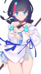 Rule 34 | 1girl, bare shoulders, black hair, blue eyes, blue ribbon, blush, breasts, collarbone, dress, fate/grand order, fate/requiem, fate (series), fundoshi, highres, japanese clothes, jewelry, jilu, large breasts, long sleeves, looking at viewer, magatama, magatama hair ornament, magatama necklace, medium hair, multicolored hair, necklace, pelvic curtain, pink hair, puffy long sleeves, puffy sleeves, ribbon, seigaiha, short dress, sideboob, sideless outfit, solo, streaked hair, thighs, utsumi erice, white dress
