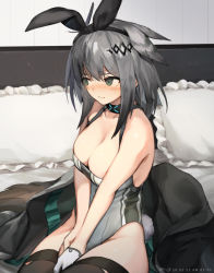 Rule 34 | 1girl, animal ears, arknights, asicah, bare shoulders, bed, black hair, black hairband, black jacket, black thighhighs, blush, breasts, cleavage, commentary, dated, fake animal ears, feather hair, frilled pillow, frills, gloves, gradient hair, green eyes, grey hair, grey leotard, greythroat (arknights), hair ornament, hairband, half gloves, jacket, unworn jacket, large breasts, leotard, long hair, looking away, looking to the side, multicolored hair, on bed, pillow, rabbit ears, rabbit tail, single glove, sitting, solo, tail, thighhighs, white gloves
