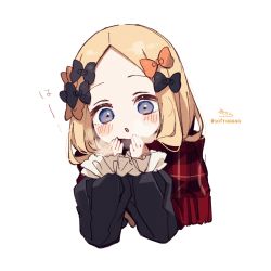Rule 34 | 1girl, abigail williams (fate), black bow, black dress, blonde hair, blue eyes, blush, bow, breath, breathing on hands, cropped torso, dress, enpera, fate/grand order, fate (series), forehead, fringe trim, hair bow, hands up, highres, long sleeves, multiple hair bows, orange bow, parted bangs, parted lips, plaid, plaid scarf, puffy long sleeves, puffy sleeves, red scarf, scarf, signature, simple background, sleeves past wrists, sofra, solo, twitter username, upper body, white background