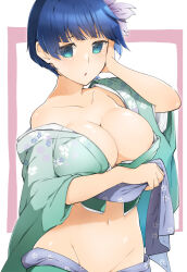Rule 34 | 1girl, :o, blue eyes, blue hair, blunt bangs, blush, border, bowl cut, breast hold, breasts, cleavage, collarbone, cowboy shot, floral print kimono, flower, green kimono, groin, hair flower, hair ornament, hand on own cheek, hand on own face, inset border, japanese clothes, kimono, kinako (mzknk0), large breasts, looking at viewer, navel, open mouth, outside border, pink border, senran kagura, senran kagura shinovi versus, shiny skin, short hair, solo, undressing, white background, yozakura (senran kagura)