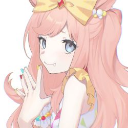 Rule 34 | 1girl, agnes digital (umamusume), animal ears, blue eyes, bow, chromatic aberration, closed mouth, hair bow, hakuhatsu, hands up, horse ears, long hair, looking at viewer, own hands together, pink hair, saliva, shirt, simple background, sleeveless, sleeveless shirt, smile, solo, steepled fingers, umamusume, white background, wrist cuffs