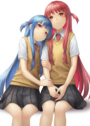 Rule 34 | 2girls, :3, black skirt, blue hair, closed mouth, collared shirt, hands on another&#039;s arm, highres, kotonoha akane, kotonoha aoi, kurione (zassou), long hair, looking at viewer, miniskirt, multiple girls, necktie, one side up, pink eyes, pink hair, pleated skirt, red neckwear, school uniform, shirt, short sleeves, siblings, sisters, sitting, skirt, smile, straight hair, sweater vest, very long hair, voiceroid, white background, white shirt