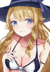 Rule 34 | 1girl, bare shoulders, bikini, blonde hair, blue eyes, blue hat, blue nails, breasts, cleavage, commentary request, drill hair, drill sidelocks, genshin impact, hand on own chest, hat, highres, long hair, looking at viewer, medium breasts, nail polish, navia (genshin impact), sidelocks, simple background, solo, sun hat, swimsuit, tefutefufu, upper body, very long hair, white background