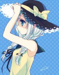 Rule 34 | 1girl, adapted costume, alternate costume, alternate hairstyle, alternate headwear, arm up, bad id, bad twitter id, blue background, bow, braid, flower, green eyes, green hair, hair flower, hair ornament, hat, hat bow, heart, heart-shaped pupils, komeiji koishi, long hair, matching hair/eyes, nunucco, polka dot, polka dot background, profile, ribbon, shaded face, shirt, signature, simple background, sleeveless, solo, symbol-shaped pupils, touhou, twin braids